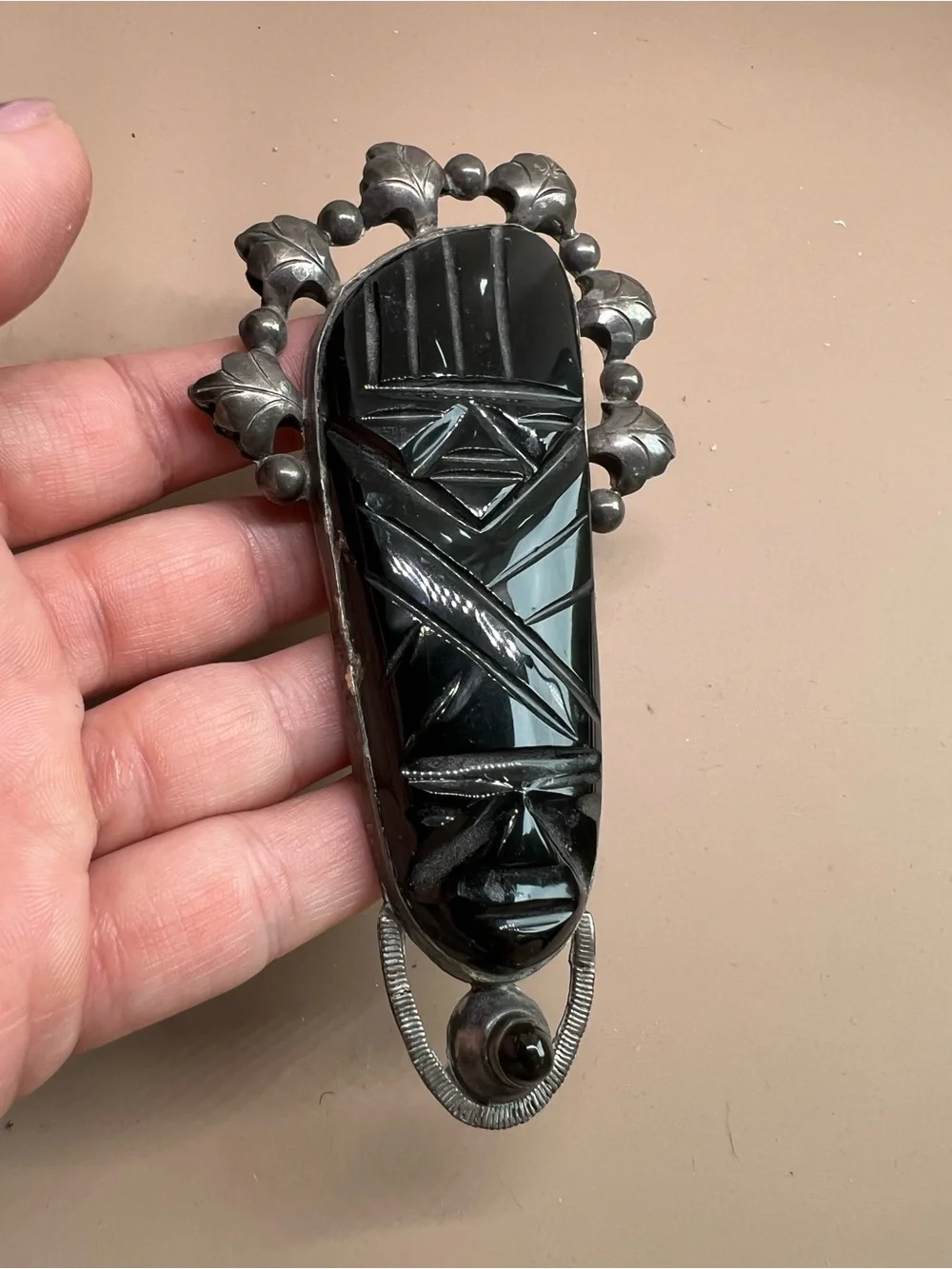 VTG mid-century Mexican sterling silver hand-carved black onyx or obsidian pin